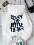 Slogan & Butterfly Print Kangaroo Pocket Drawstring Thermal Lined Hoodie