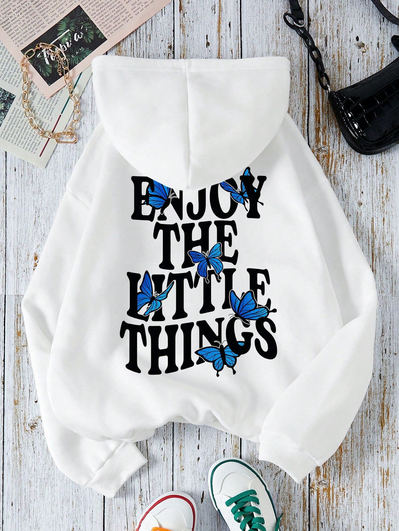 Slogan & Butterfly Print Kangaroo Pocket Drawstring Thermal Lined Hoodie