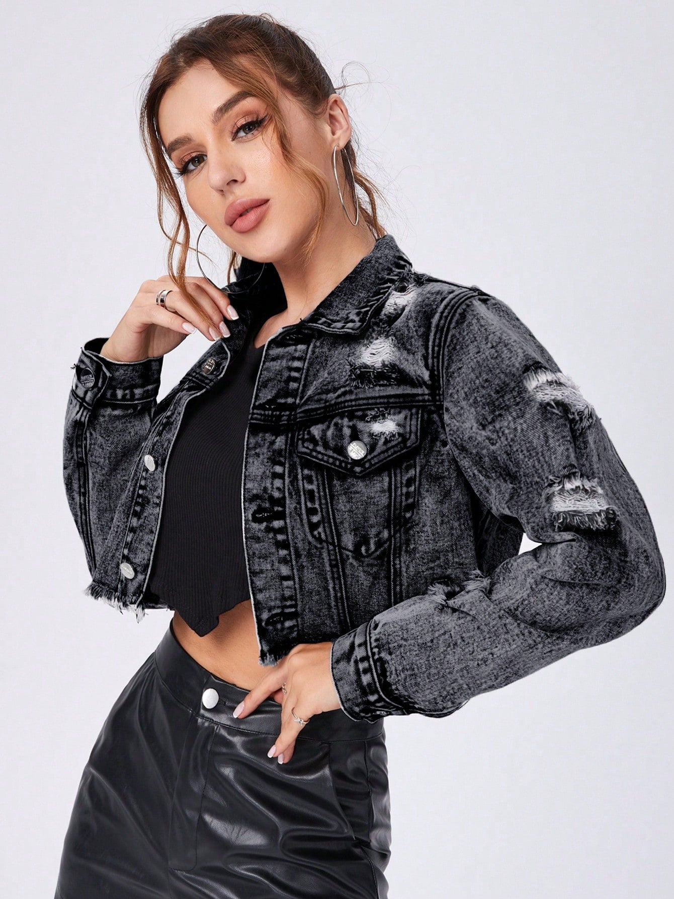 Ripped Raw Hem Denim Jacket