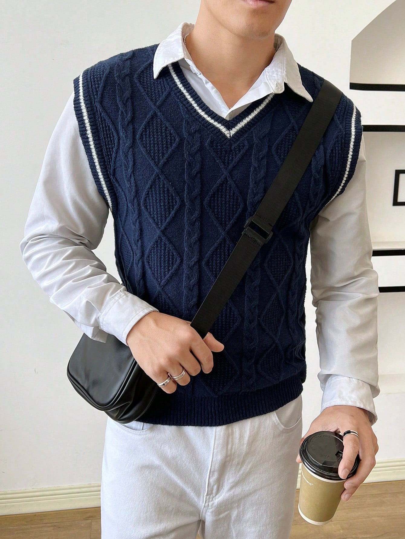 Men Striped Trim Cable Knit Sweater Vest Without Shirt