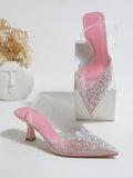 Charming Women's Fashionable Silver High Heels, Pvc Rhinestone Decor Pointed Toe Sandals With Heels