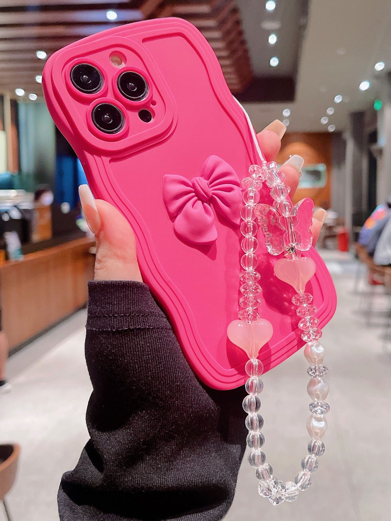 Pink Neon Bow-Knot Decor Phone Case With Lanyard Compatible With IPhone15/15Plus/15Pro/15Promax