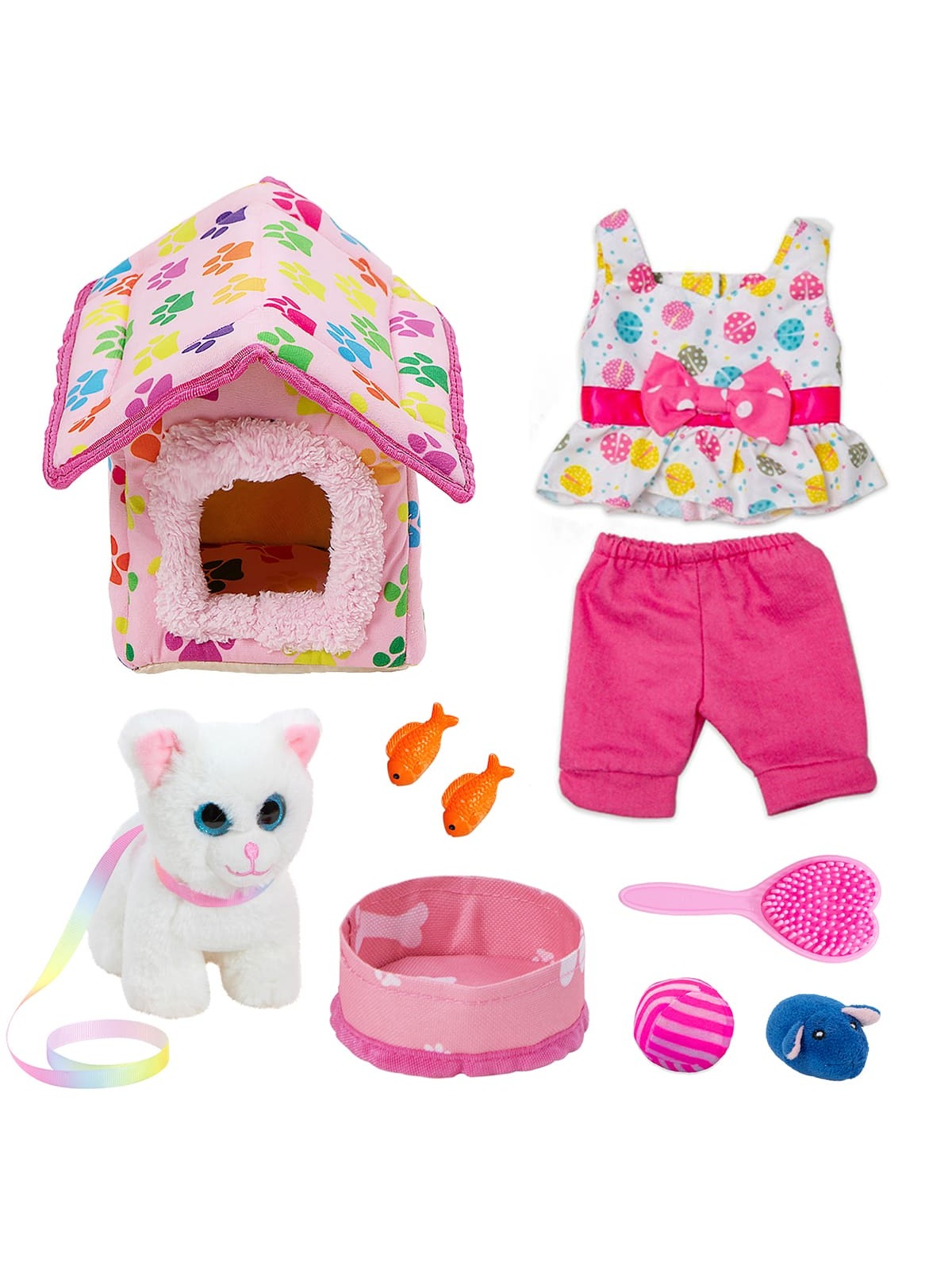 American 18 Inch Doll Pet Kitty Play Set - Clothes, Accessories, Nest, Pot, Ball, Comb, Toy Fish, Nylon Material