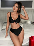 Swim Summer Beach Solid Knot Front Bikini Set