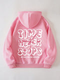 Slogan Graphic Kangaroo Pocket Drawstring Thermal Hoodie
