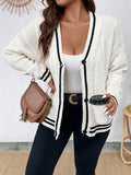 Plus Striped Trim Drop Shoulder Cable Knit Cardigan