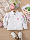 Young Girl Butterfly Print Dual Pocket Denim Jacket