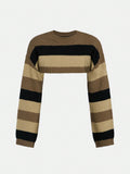 Teen Girl Academy Striped Round Neck Cropped Sweater With Long Sleeves