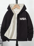Tween Boy 1pc Letter Graphic Teddy Lined Hooded Jacket