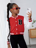 Tween Girl Letter Patched Striped Trim Colorblock Varsity Jacket