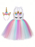 Young Girl 1Pc Sparkly Unicorn Fluffy Tutu Dress With Headband For Kids' Birthday Party, Halloween And Christmas Dress-Up, Pink