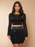 Rhinestone Mesh Insert Crop Top & Bodycon Skirt