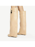 Fold Over Knee High Boots For Women Covered Wedge Heel Padlock Boot Almond Toe Wide Calf Pull-On Boots