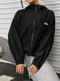 Letter Patched Detail Drop Shoulder Zip Up Hooded Coat