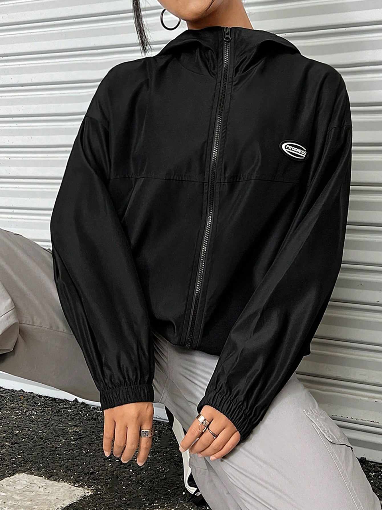 Letter Patched Detail Drop Shoulder Zip Up Hooded Coat