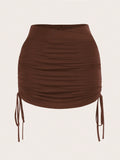 Solid Drawstring Side Ruched Skirt