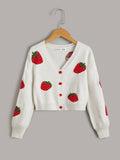 Tween Girl Strawberry Pattern Drop Shoulder Cardigan