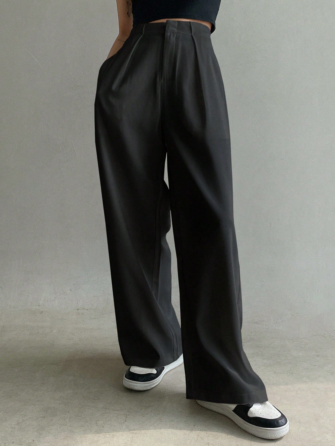 Solid Slant Pocket Wide Leg Suit Pants
