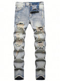 Men Ripped Frayed Bleach Wash Jeans