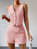 Solid Button Front Vest Blazer & Shorts
