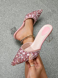 Women's Fashionable Rhinestone High Heels With Transparent Heels And Pointed Toe Design, Shiny, Comfortable, And Stylish