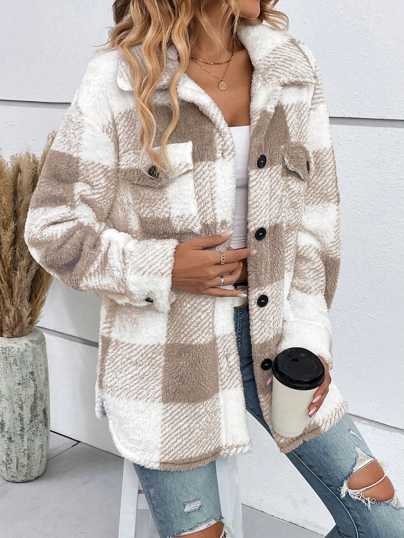 Buffalo Plaid Pattern Drop Shoulder Flap Pocket Teddy Coat