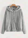Zip Up Drop Shoulder Drawstring Hooded Teddy Jacket