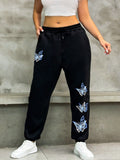 Plus Butterfly Print Drawstring Waist Sweatpants