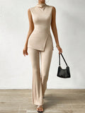 Mock Neck Split Hem Tank Top & Flare Leg Pants