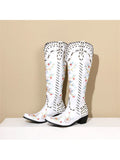 Knee-High Cowboy Boots for Women,Embroidered Rivet Cowgirl Boots Women Floral Pattern Chunky Heel Western Boots