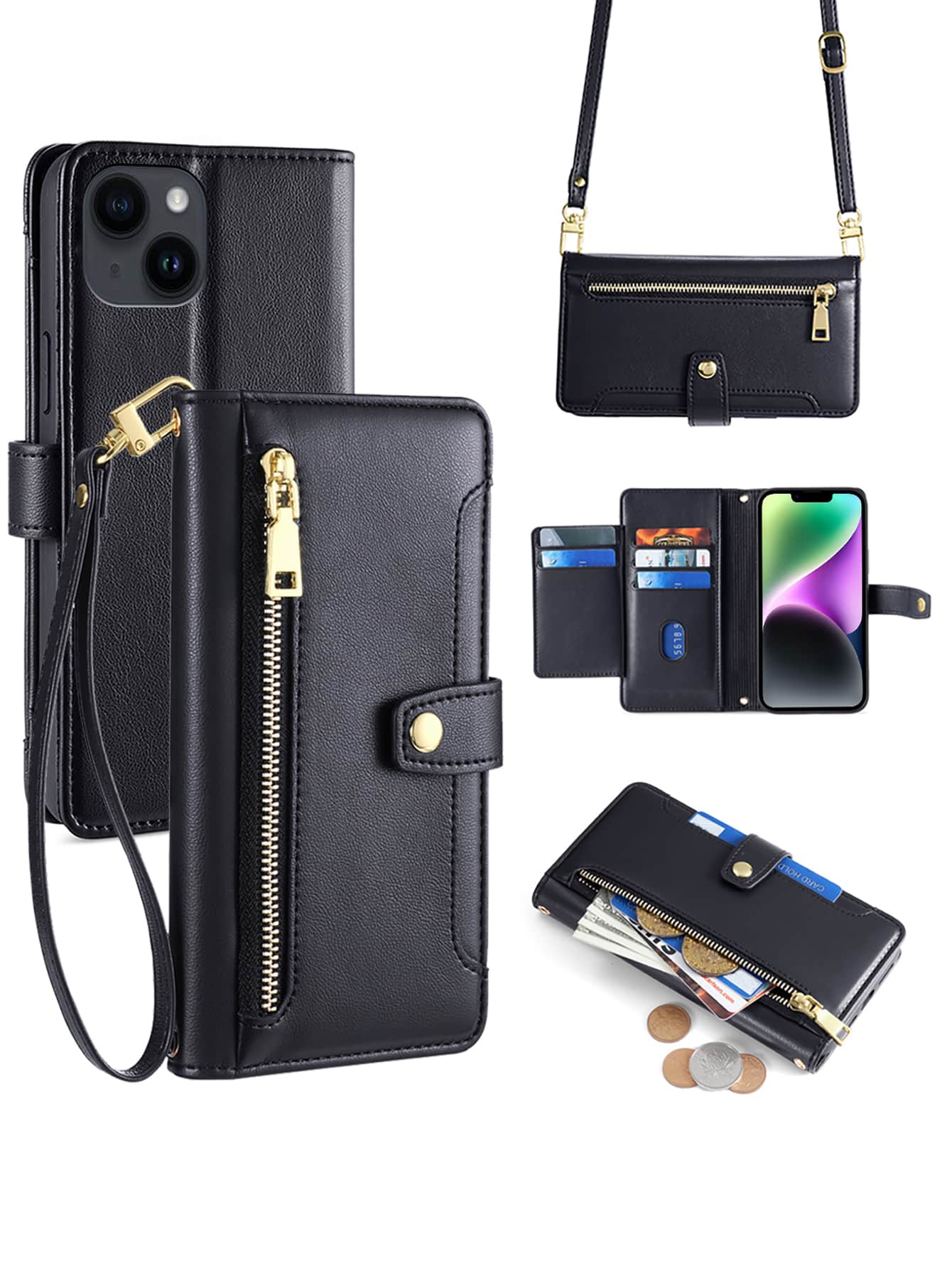 Crossbody 1pc Black Multi-Functional Zipper Wallet With Shoulder Strap, Multiple Card Slots, Phone Holder Case For Sense4/Apple 13pro/Samsung A12/Oneplus Nord Ce 2 5g/Xiaomi Poco M3/Redmi Note10s/Pixel3a/Oppo