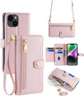 Crossbody 1pc Pink Long Hand Rope Multi-Functional Card Slot Stand Wallet Flip Case With Detachable Shoulder Strap, Compatible With Iphone 13 Pro Max/Samsung A54/Huawei Y7a/Xiaomi 11t/Redmi 9c/ Pixel 7/Honor Magic 5 Lite/Oppo Reno 6 Lite