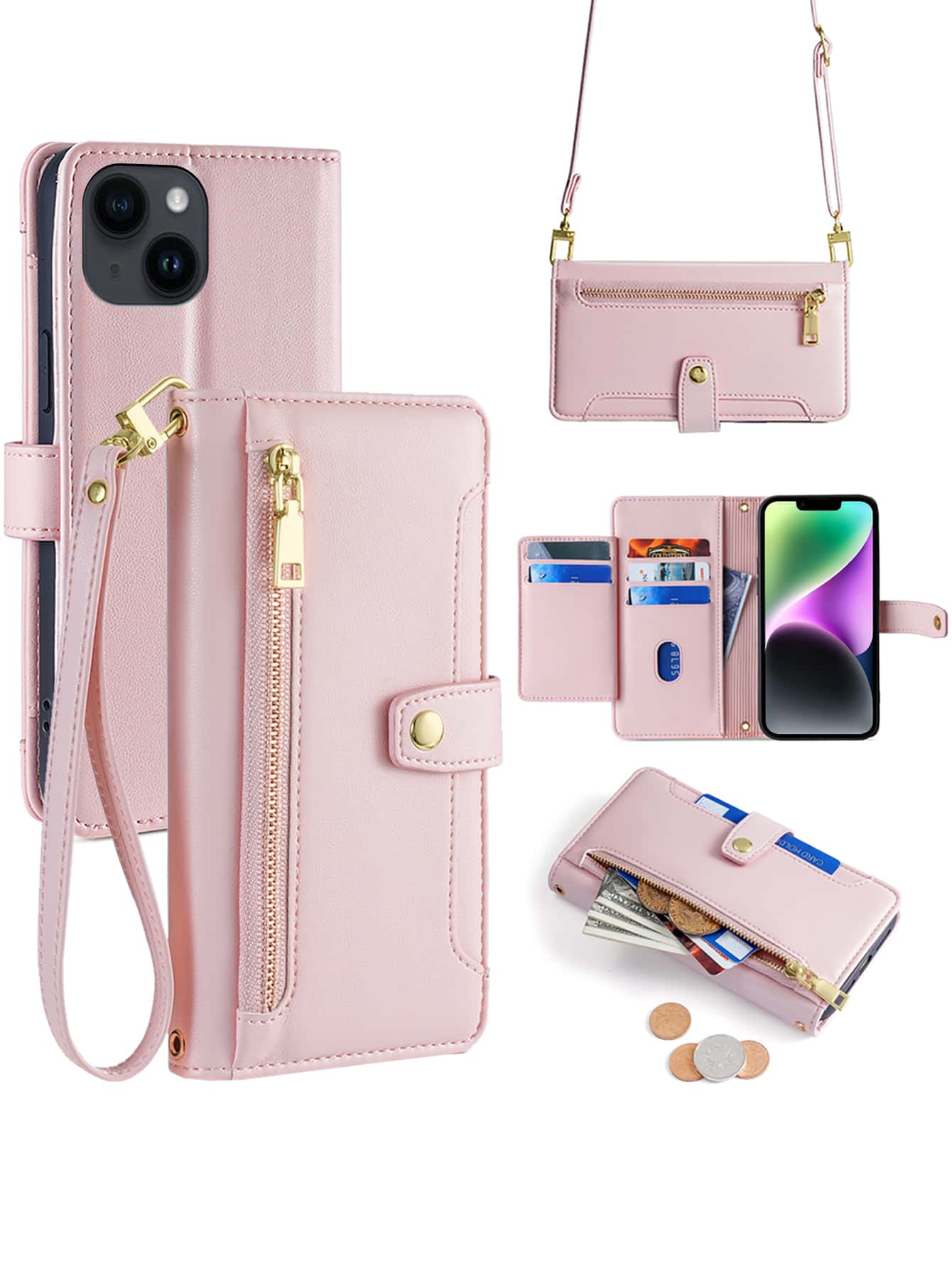 Crossbody 1pc Pink Long Hand Rope Multi-Functional Card Slot Stand Wallet Flip Case With Detachable Shoulder Strap, Compatible With Iphone 13 Pro Max/Samsung A54/Huawei Y7a/Xiaomi 11t/Redmi 9c/ Pixel 7/Honor Magic 5 Lite/Oppo Reno 6 Lite