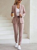 Womens Grainy Texture Mandarin Collar Open Front Jacket With Elastic Drawstring Waist And Cuffed Pants Suit Set