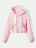 Bow Decor Zip Up Drawstring Hoodie