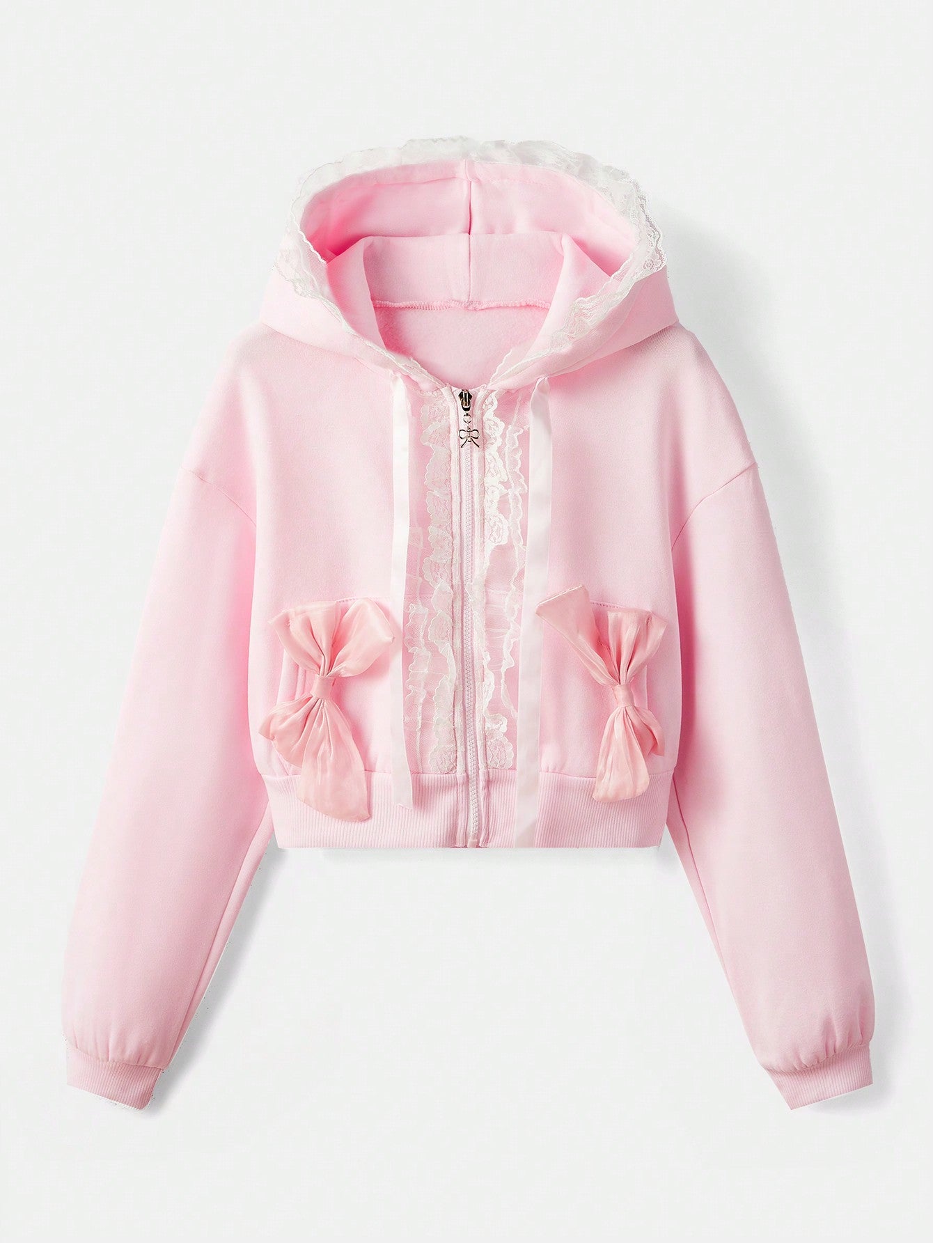 Bow Decor Zip Up Drawstring Hoodie