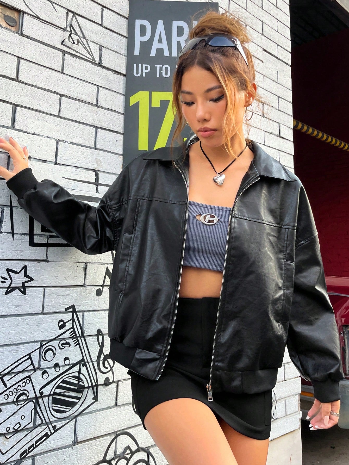 Drop Shoulder Zipper Patent Black Jacket