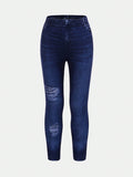 Young Girl Simple Dark Blue Distressed Long Jeans, Casual And Comfortable