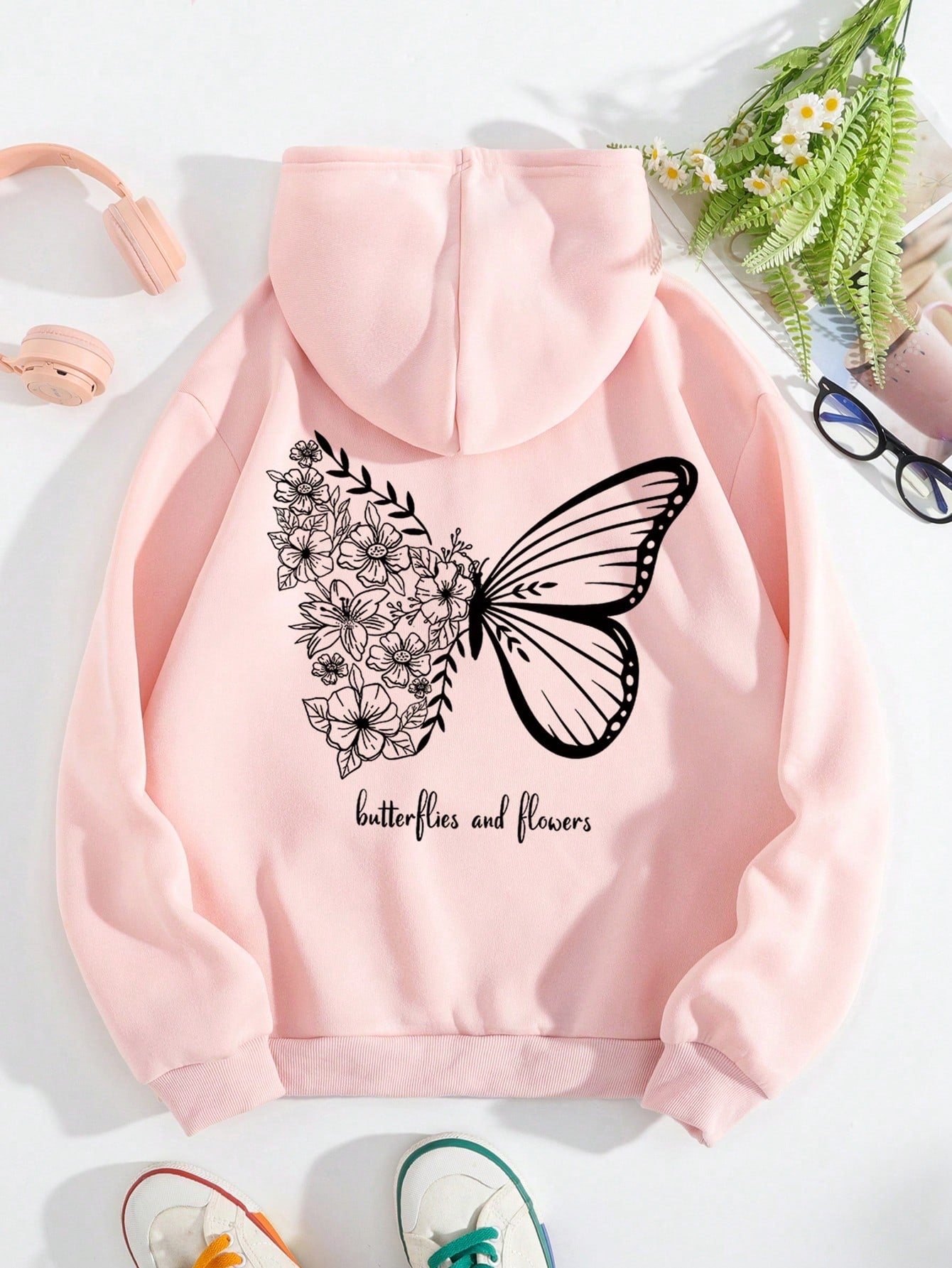 Butterfly & Slogan Graphic Drawstring Thermal Lined Hoodie