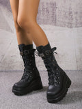 Black Lightweight Women's Fashionable Increased Zipper Wedge Heel & Thick Platform Knight Boots, Punk Style Over The Knee Mid Calf Boot