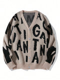 Men Letter Pattern Button Front Cardigan Drop Shoulder Chunky Color Block Urban Fashion Friends