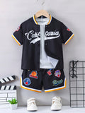 Young Boy Letter Graphic Striped Trim Baseball Collar Shirt & Shorts Without Tee