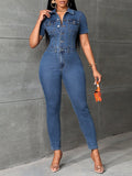 Flap Pocket Button Front Denim Jumpsuit