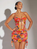 Tie Dye Knot Front Cami Top & Draped Side Bodycon Skirt