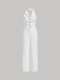 Button Front Halter Neck Backless Blazer Vest & Pants