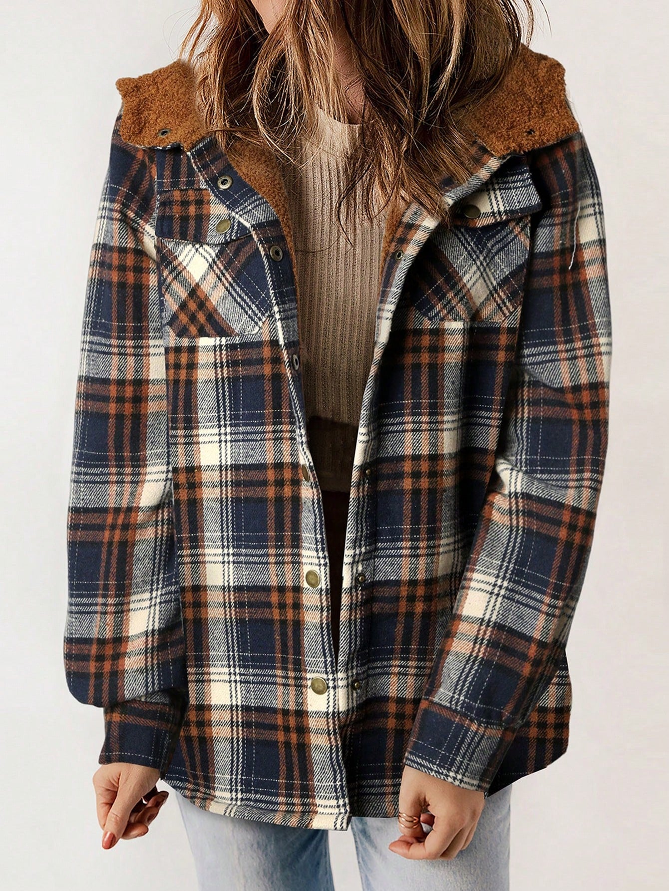 Plaid Print Teddy Lined Hooded Coat