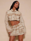 Flap Pocket Raw Hem Crop Denim Jacket
