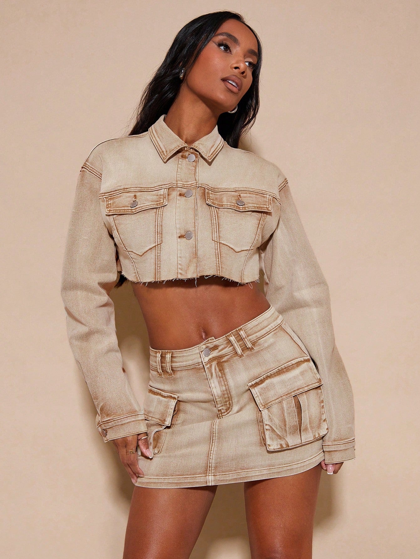 Flap Pocket Raw Hem Crop Denim Jacket