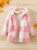 Young Girl Buffalo Plaid Pattern Hooded Teddy Coat Without Sweater