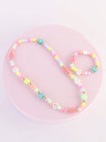 Fashionable And Adorable Kids' Acrylic Beaded Bracelet And Necklace Set With Polymer Clay Flowers And Faces Perfectly Combined